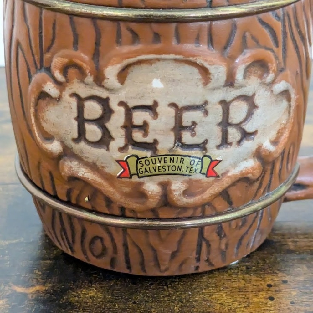 VTG Beer Mug Souvenir Galveston Texas‎ Barrel Design Ceramic Handle Kitsch Japan - Picture 2 of 11